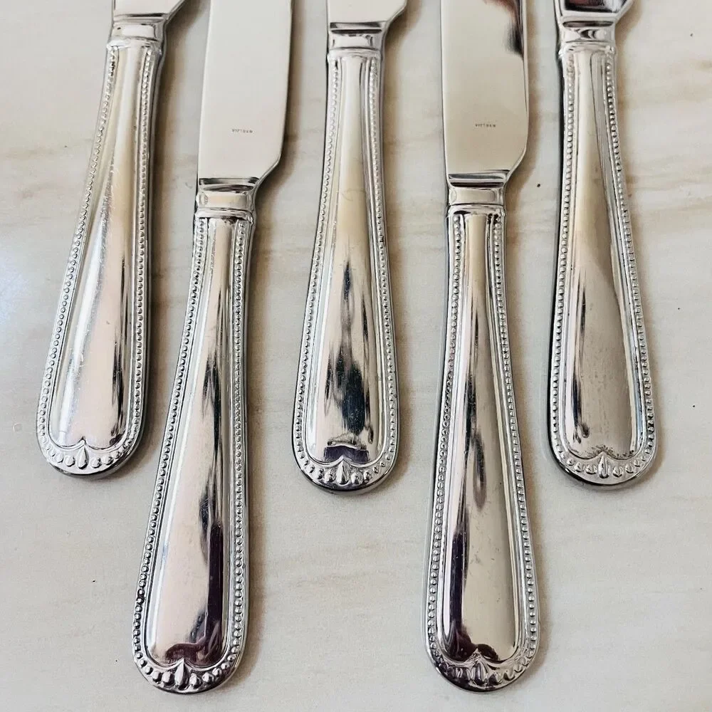 5pc WALLACE Newcastle Dinner Knife 9 1/2” Stainless Glossy Bead Outline RoundTip